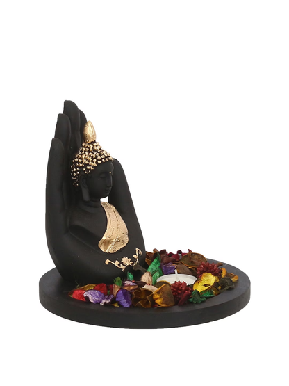 Black & Gold-Toned Handcrafted Palm Buddha Showpiece With Fragrant Petals and Tealight