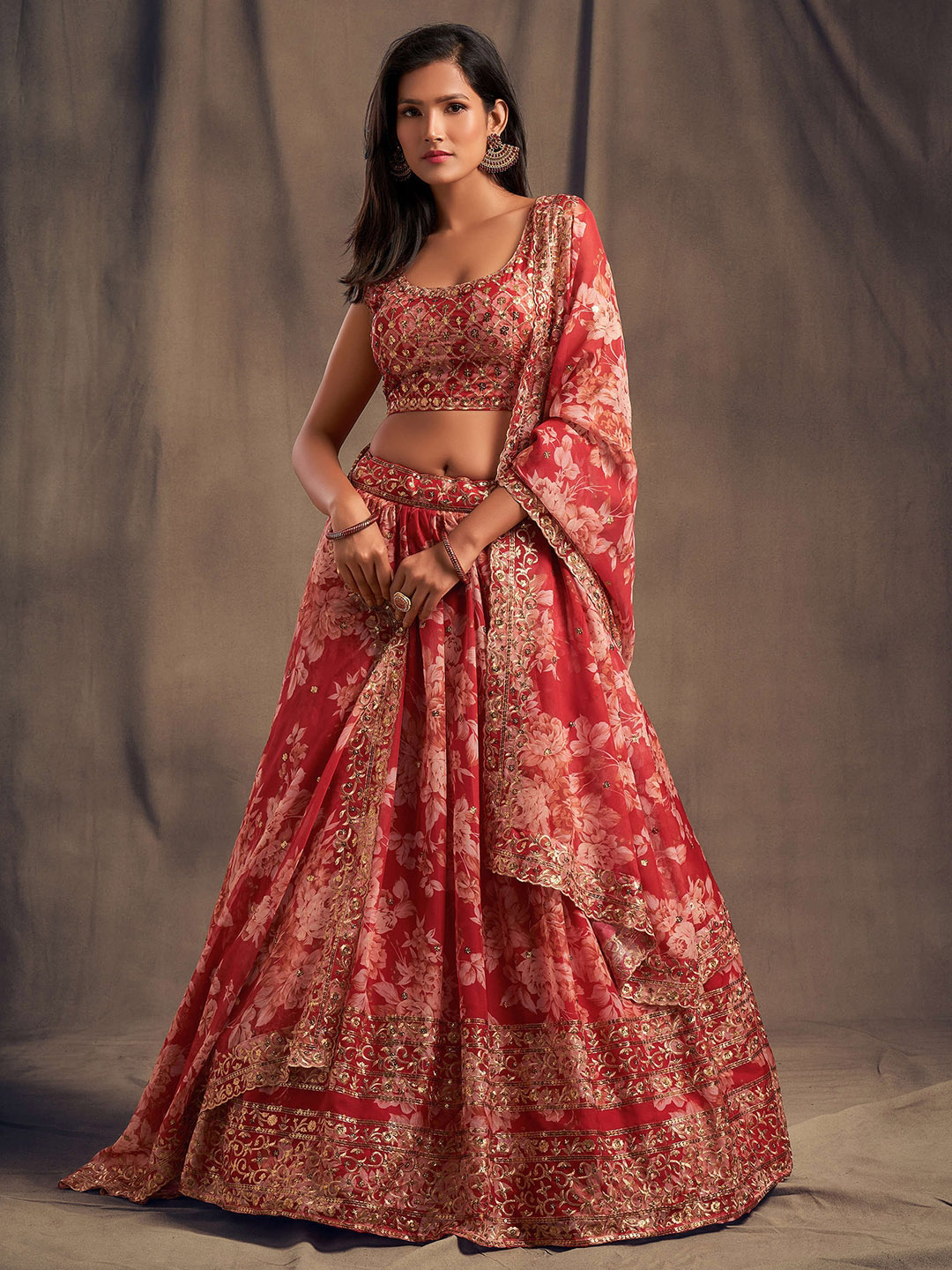 Red & Gold-Toned Embroidered Sequinned Shibori Semi-Stitched Lehenga & Unstitched Blouse