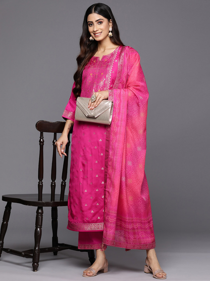 Women Magenta Floral Kurta with Trousers & With Dupatta