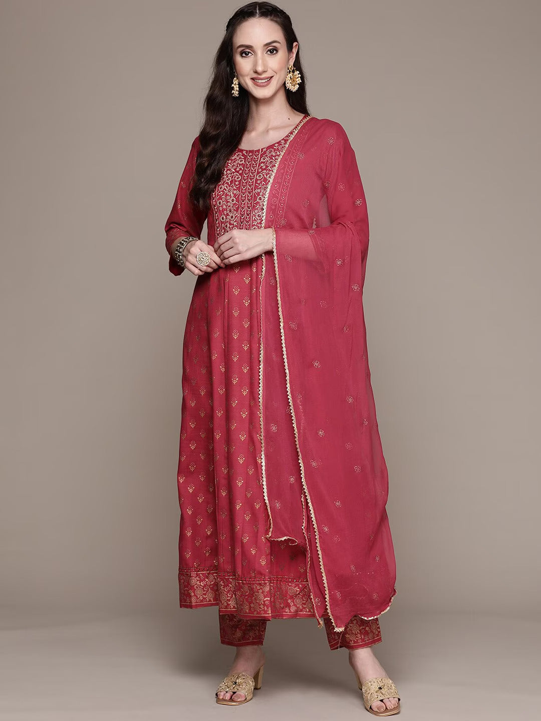 Women Mirror Work Kurta with Trousers & With Dupatta