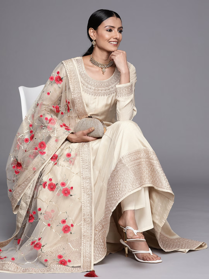 Women Off White Floral Embroidered Pure Silk Salwar Suit