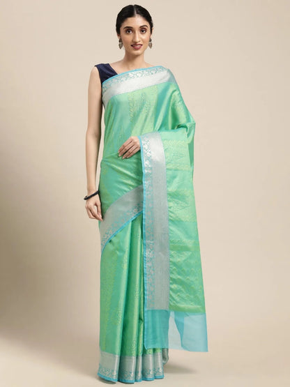 Green Resham Zari Pattu Border Art Saree with Unstitched Blouse